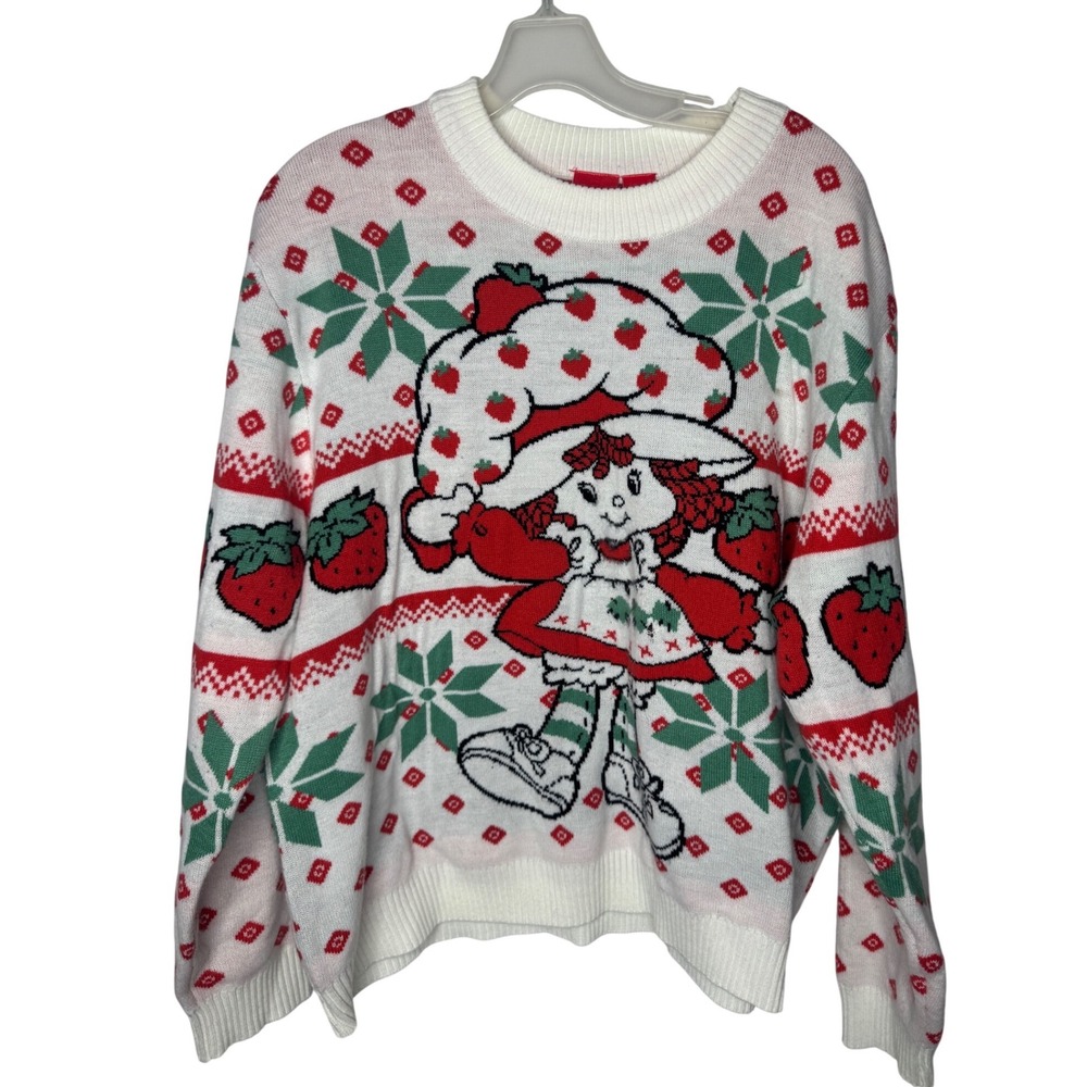 Strawberry Shortcake Holiday Fair Isle Knit Sweater White Red Green MD/M